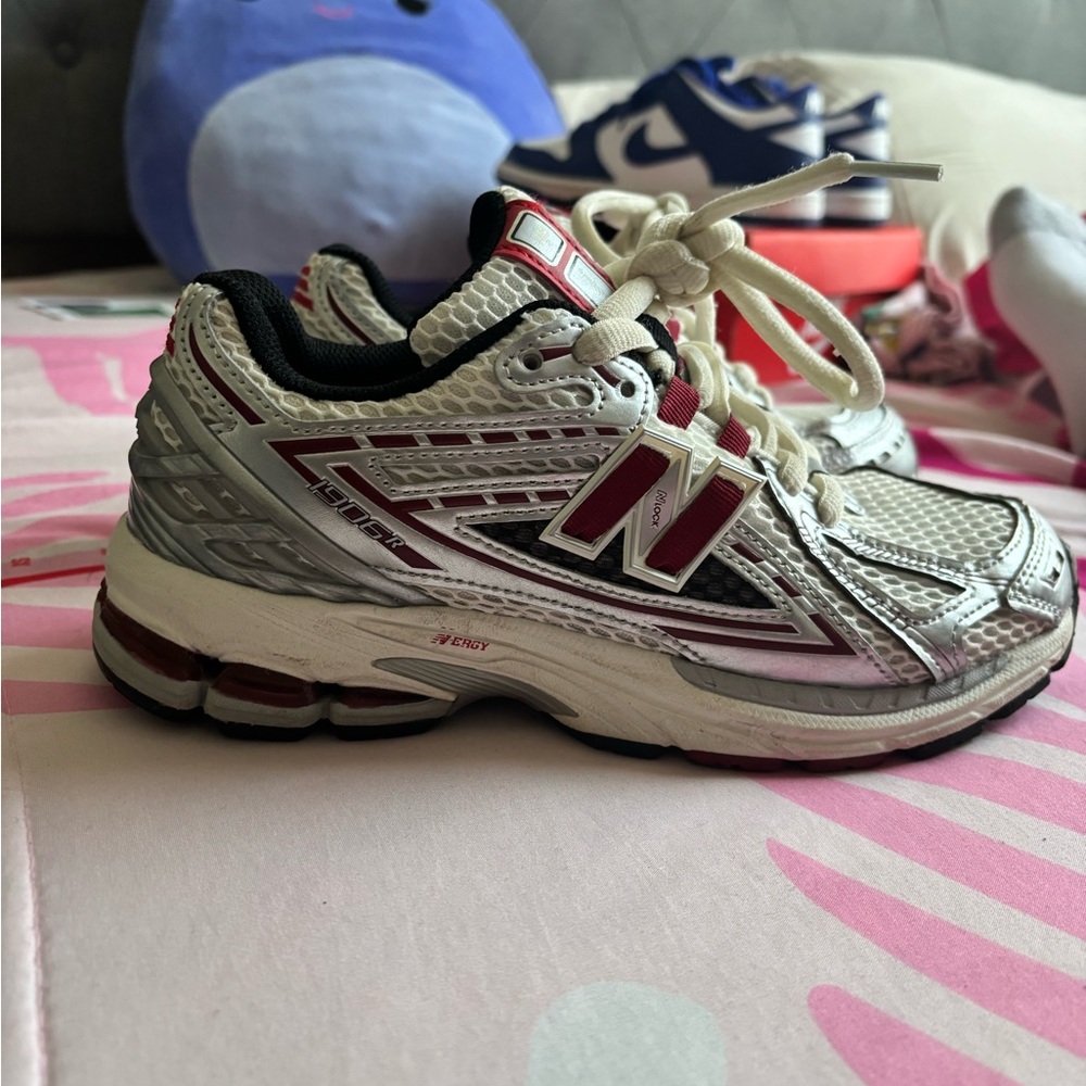 New Balance Silver and Red Sneakers with Supportive Midsole